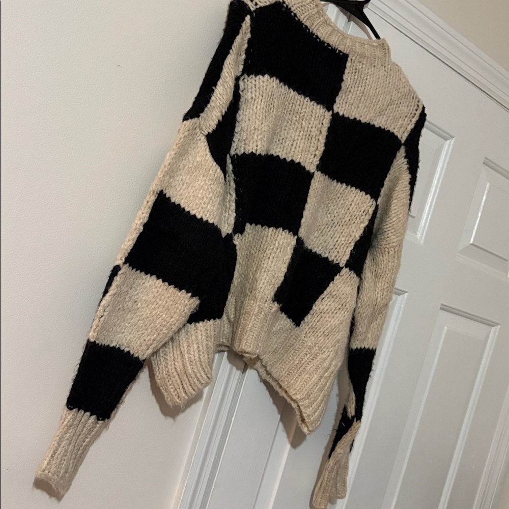 Black and Cream Checkered Women's Sweater - Picture 3 of 7